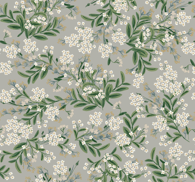 Cornflower Grey & Green Wallpaper with Botanical Floral Motif - York RP7383