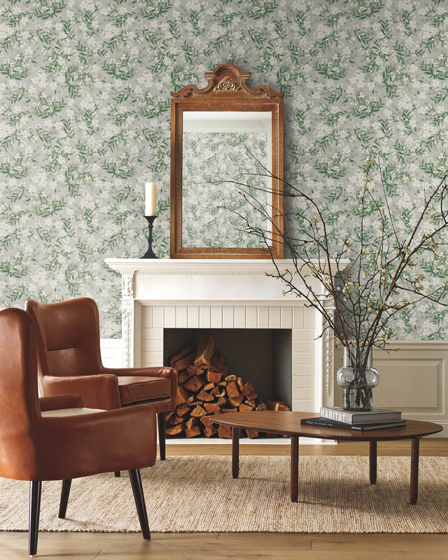Cornflower Grey & Green Wallpaper with Botanical Floral Motif - York RP7383