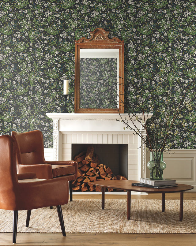 Cornflower Black & Green Wallpaper with Botanical Floral Motif - York RP7384