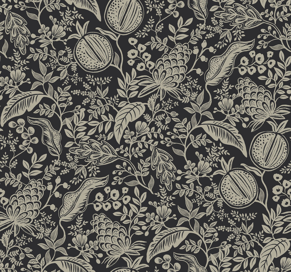 Pomegranate Black Wallpaper with Botanical Pomegranate and Foliage Motif - York RP7389