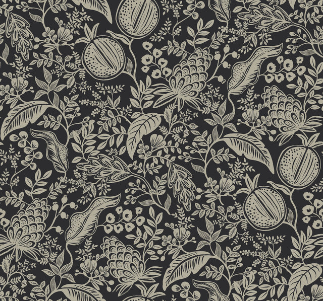Pomegranate Black Wallpaper with Botanical Pomegranate and Foliage Motif - York RP7389