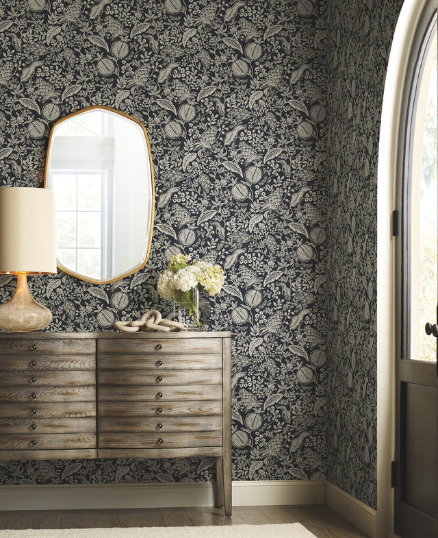 Pomegranate Black Wallpaper with Botanical Pomegranate and Foliage Motif - York RP7389