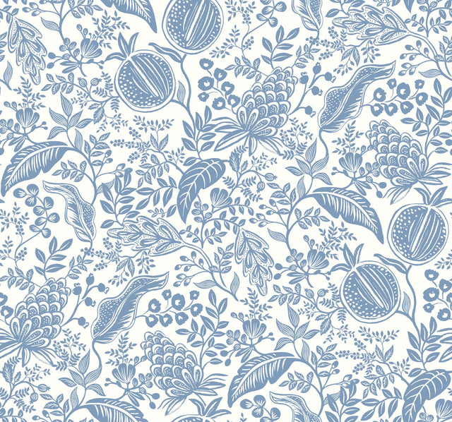 Pomegranate White & Blue Botanical Non Woven Wallpaper  Straight Match, 27 in x 27 ft Roll - York RP7390