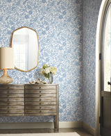 Pomegranate White & Blue Botanical Non Woven Wallpaper  Straight Match, 27 in x 27 ft Roll - York RP7390