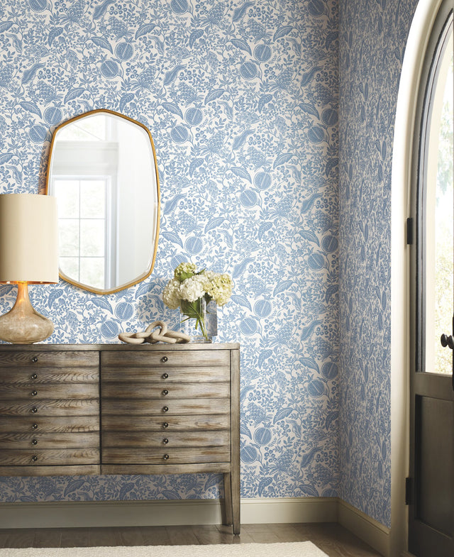 Pomegranate White & Blue Botanical Non Woven Wallpaper  Straight Match, 27 in x 27 ft Roll - York RP7390