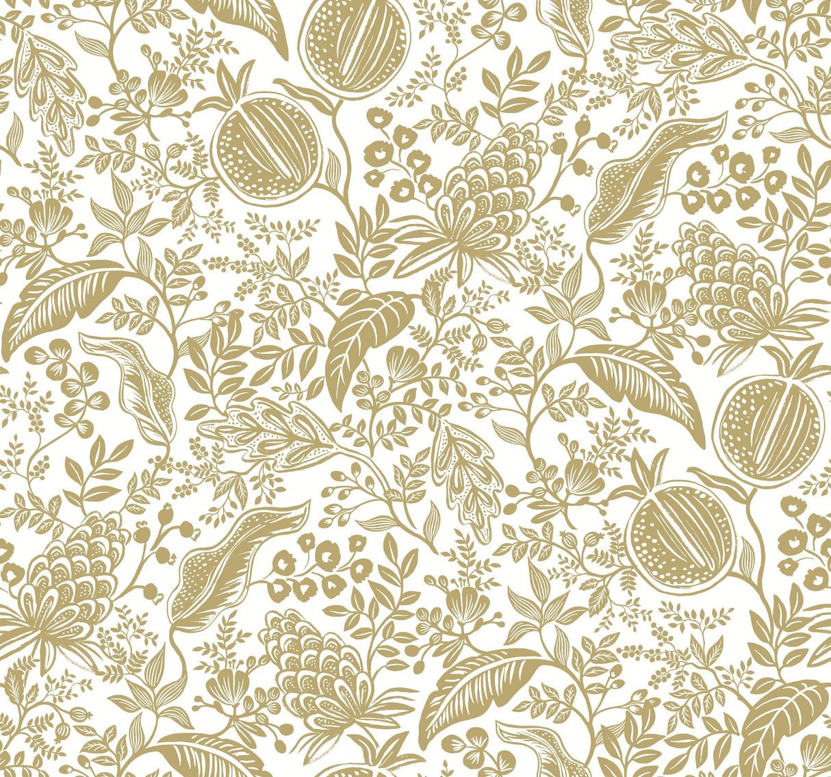 Pomegranate White & Metallic Gold Wallpaper with Botanical Pomegranate Motif - York RP7391