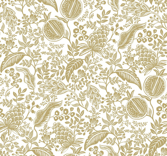 Pomegranate White & Metallic Gold Wallpaper with Botanical Pomegranate Motif - York RP7391