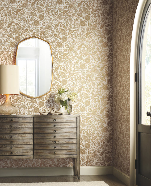 Pomegranate White & Metallic Gold Wallpaper with Botanical Pomegranate Motif - York RP7391