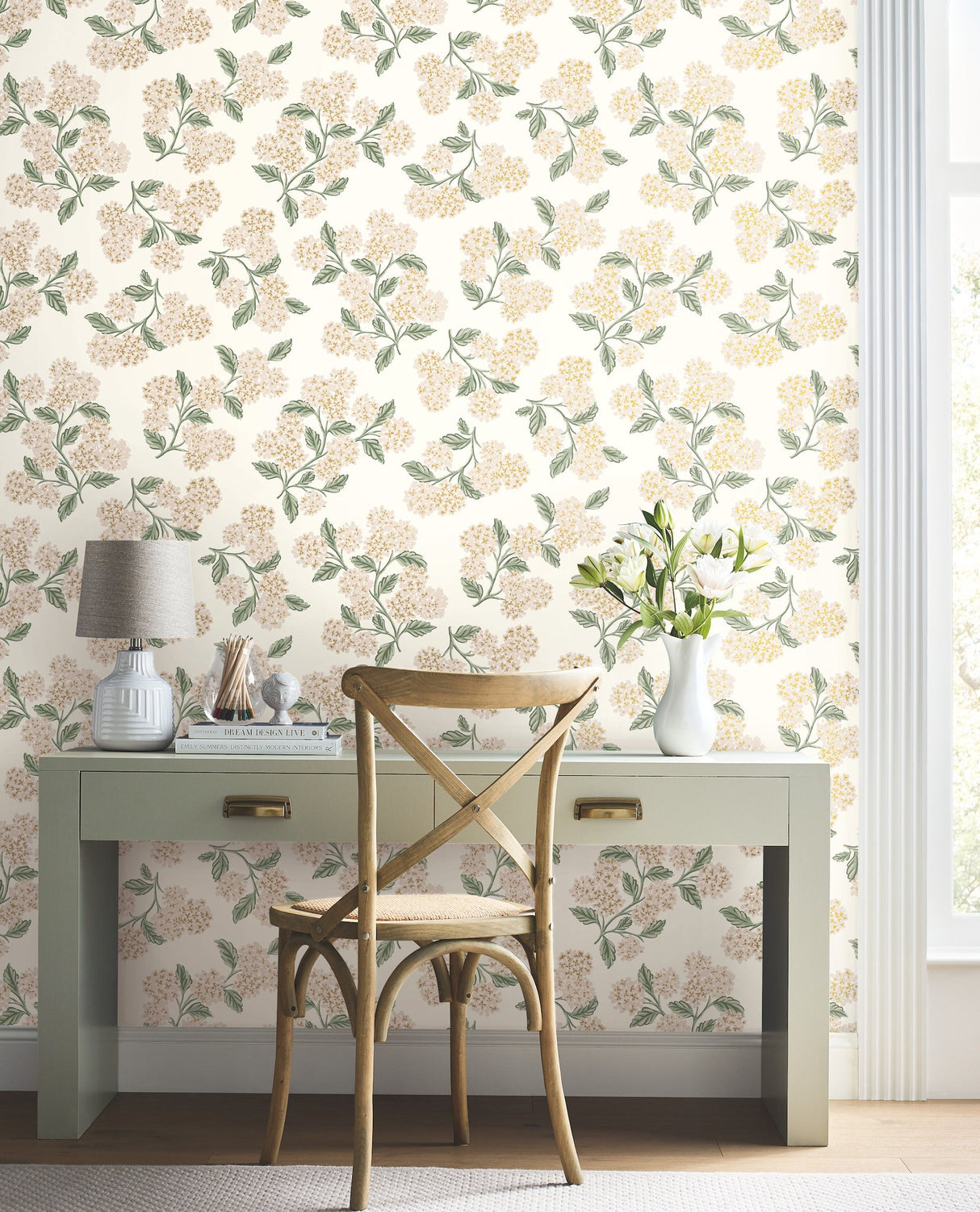 Hydrangea Beige & Pink Wallpaper with Floral Hydrangea Pattern- Rifle Paper Co. Second Edition - York RP7393