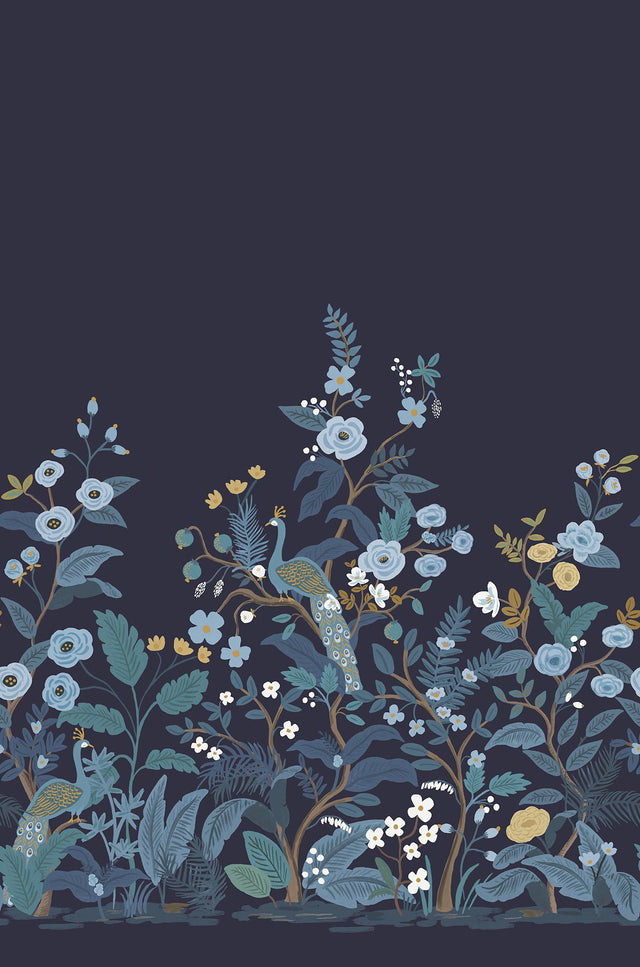 Peacock Navy Wall Mural with Feature Wall Animal & Floral Pattern - York RP7396M
