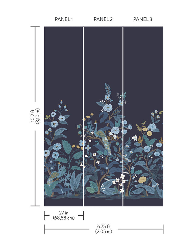 Peacock Navy Wall Mural with Feature Wall Animal & Floral Pattern - York RP7396M