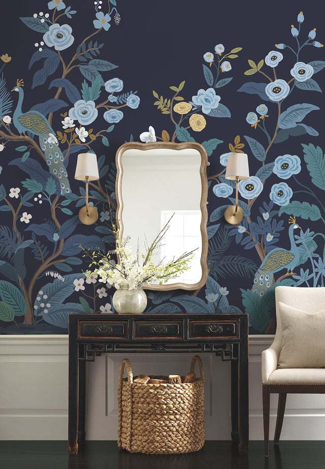 Peacock Navy Wall Mural with Feature Wall Animal & Floral Pattern - York RP7396M