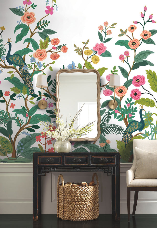 Peacock White Wall Mural with Feature Wall Animals & Insects Pattern - York RP7397M