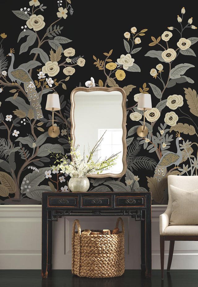 Peacock Black Wall Mural with Feature Wall Animal Motif - York RP7399M