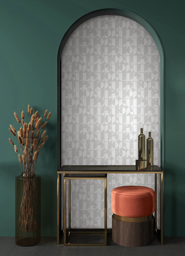 RuDeco Ghost Grey Peel & Stick Wallpaper with Art Deco Geometric Lettering - NuWallpaper RPS6140