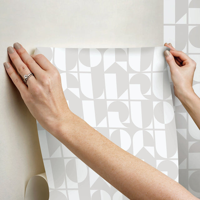 RuDeco Ghost Grey Peel & Stick Wallpaper with Art Deco Geometric Lettering - NuWallpaper RPS6140