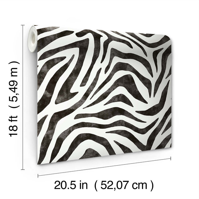 RuZebra Black Peel & Stick Wallpaper with Glam Zebra Print - RPS6141