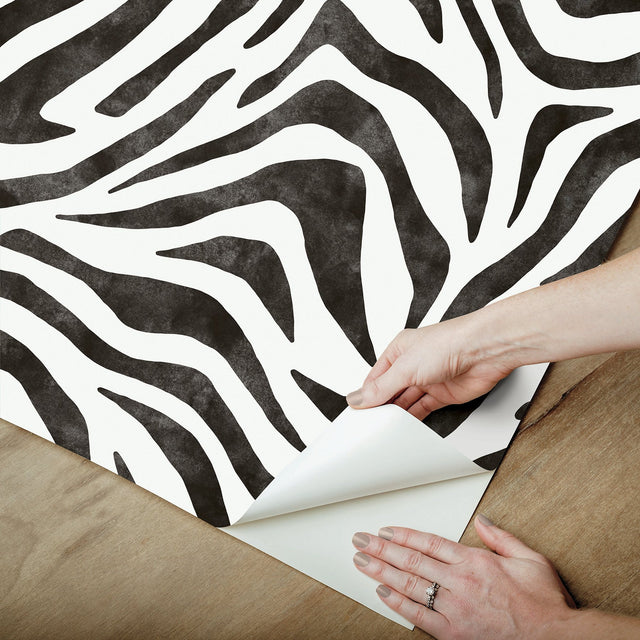 RuZebra Black Peel & Stick Wallpaper with Glam Zebra Print - RPS6141