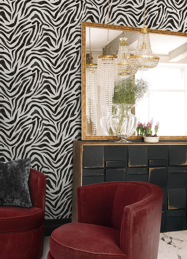 RuZebra Black Peel & Stick Wallpaper with Glam Zebra Print - RPS6141