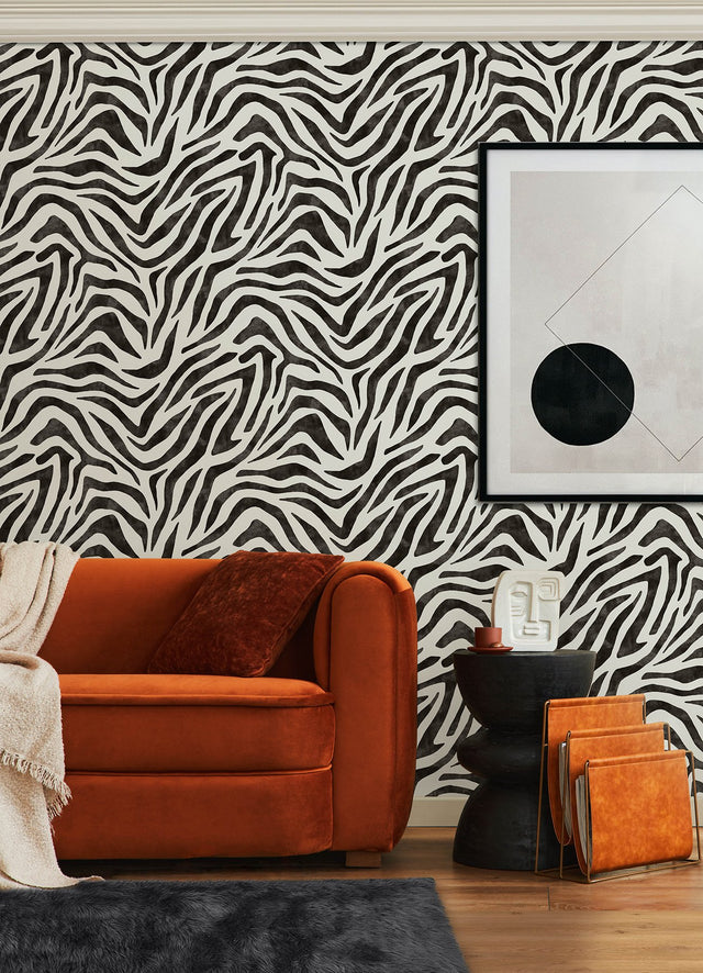 RuZebra Black Peel & Stick Wallpaper with Glam Zebra Print - RPS6141