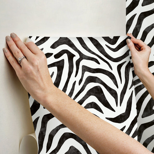 RuZebra Black Peel & Stick Wallpaper with Glam Zebra Print - RPS6141