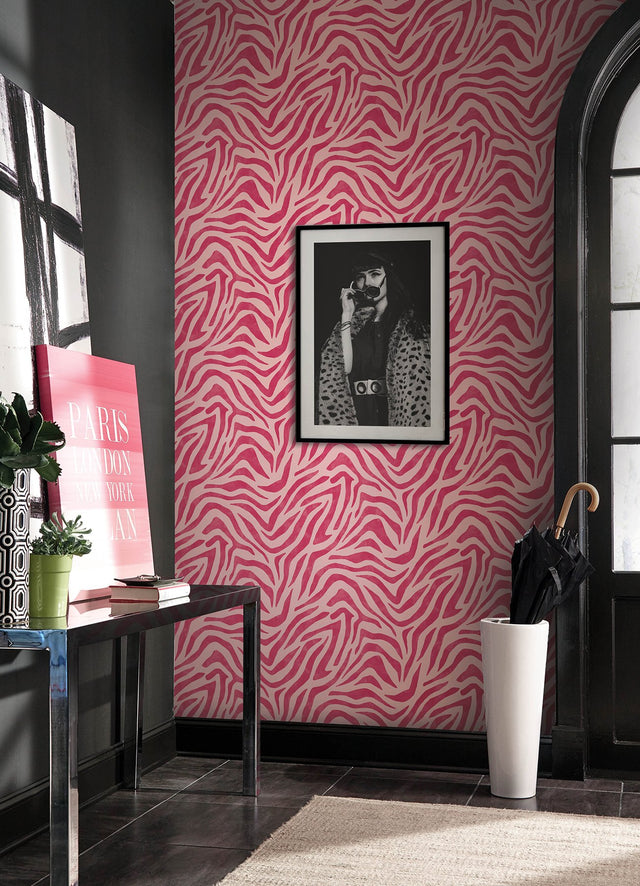 RuZebra Pink & Red Peel & Stick Wallpaper with Glam Zebra Print - Brewster RPS6143