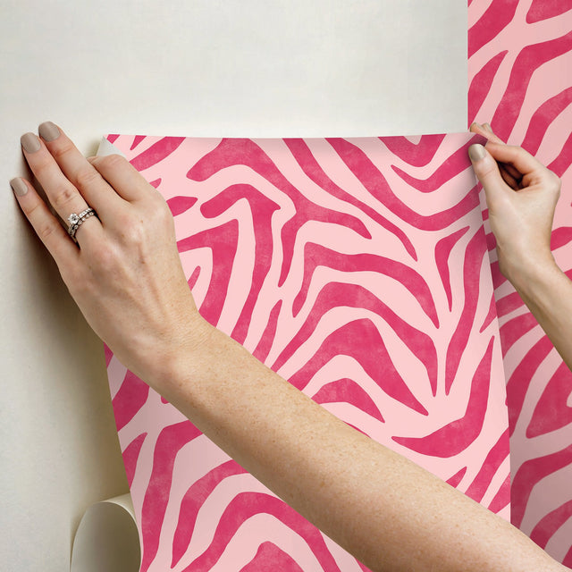 RuZebra Pink & Red Peel & Stick Wallpaper with Glam Zebra Print - Brewster RPS6143
