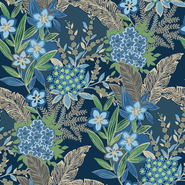 RuJardin Azure Blue Peel & Stick Wallpaper with Botanical Floral Motif - NuWallpaper RPS6145