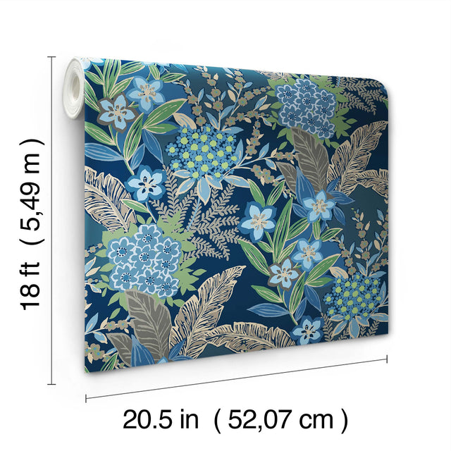 RuJardin Azure Blue Peel & Stick Wallpaper with Botanical Floral Motif - NuWallpaper RPS6145