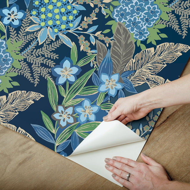RuJardin Azure Blue Peel & Stick Wallpaper with Botanical Floral Motif - NuWallpaper RPS6145