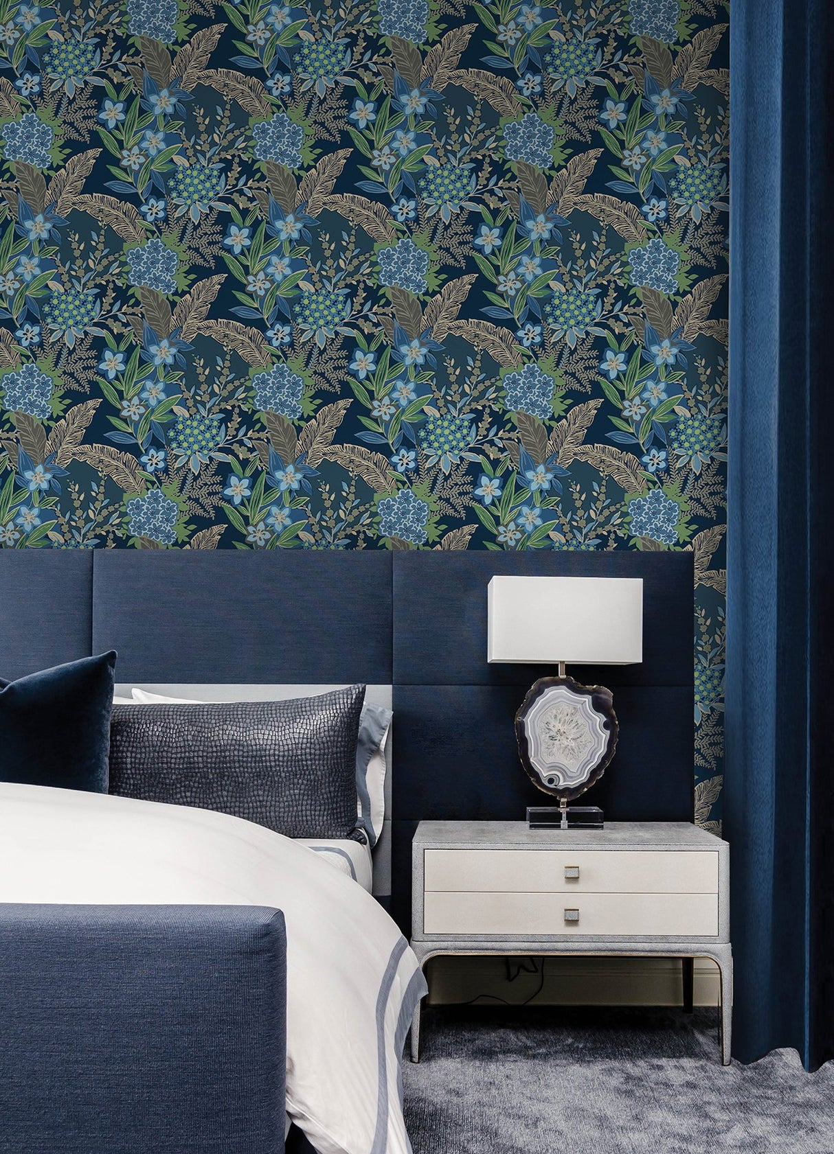 RuJardin Azure Blue Peel & Stick Wallpaper with Botanical Floral Motif - NuWallpaper RPS6145
