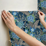 RuJardin Azure Blue Peel & Stick Wallpaper with Botanical Floral Motif - NuWallpaper RPS6145