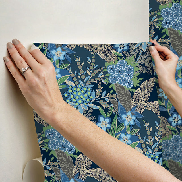 RuJardin Azure Blue Peel & Stick Wallpaper with Botanical Floral Motif - NuWallpaper RPS6145