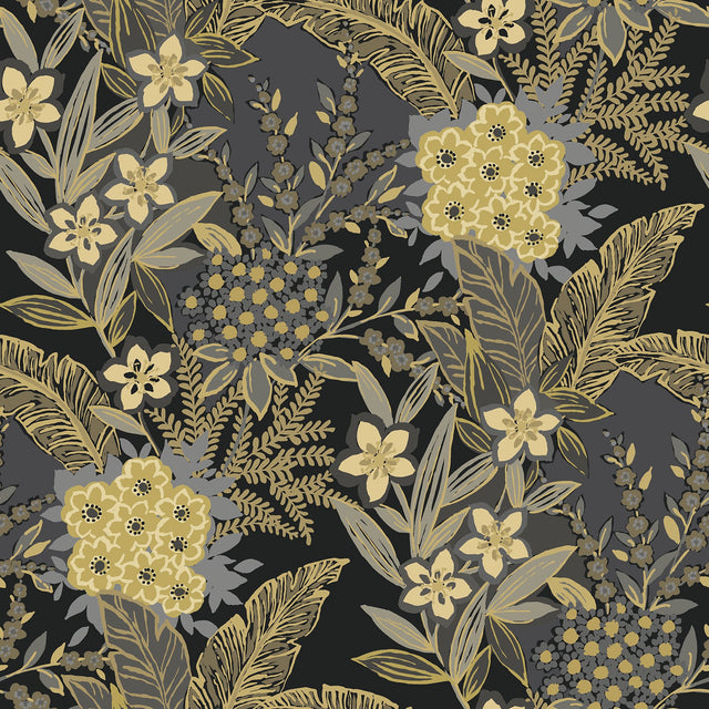 RuJardin Black Peel & Stick Wallpaper with Gold Floral Botanical Motif - NuWallpaper RPS6146