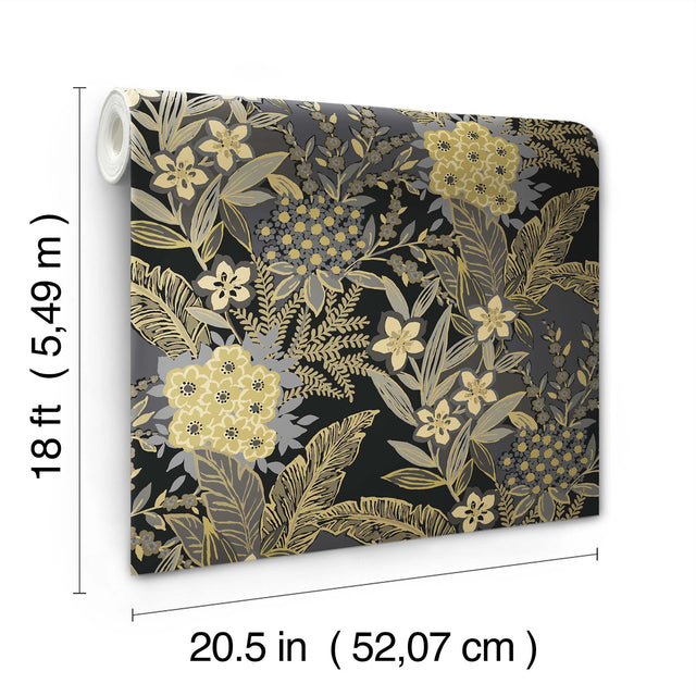 RuJardin Black Peel & Stick Wallpaper with Gold Floral Botanical Motif - NuWallpaper RPS6146