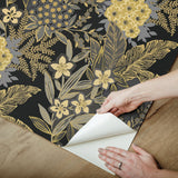 RuJardin Black Peel & Stick Wallpaper with Gold Floral Botanical Motif - NuWallpaper RPS6146