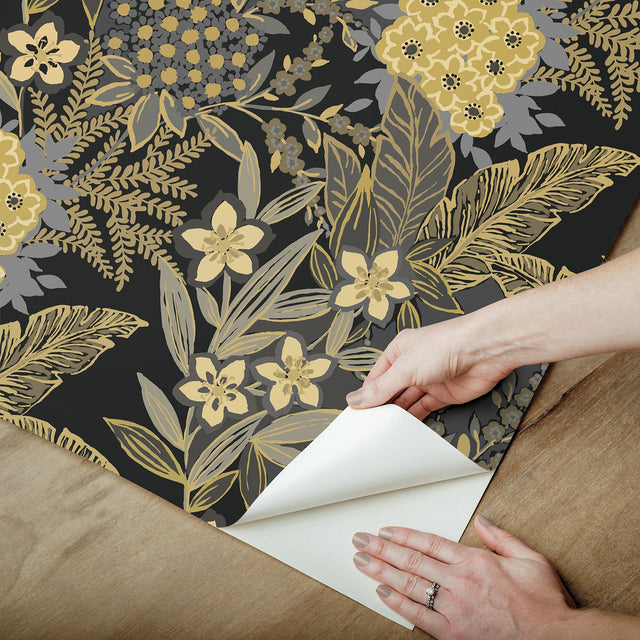 RuJardin Black Peel & Stick Wallpaper with Gold Floral Botanical Motif - NuWallpaper RPS6146