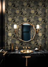 RuJardin Black Peel & Stick Wallpaper with Gold Floral Botanical Motif - NuWallpaper RPS6146