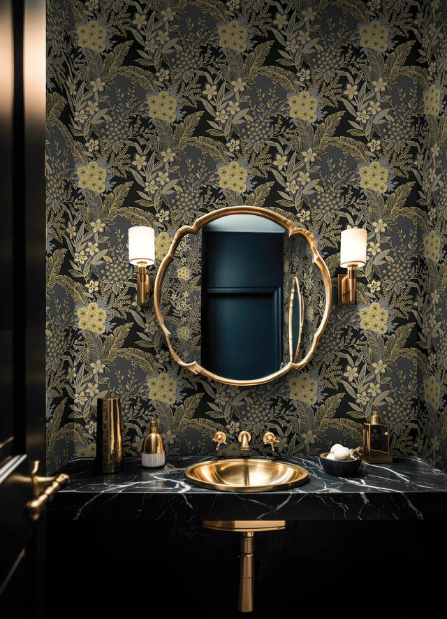RuJardin Black Peel & Stick Wallpaper with Gold Floral Botanical Motif - NuWallpaper RPS6146