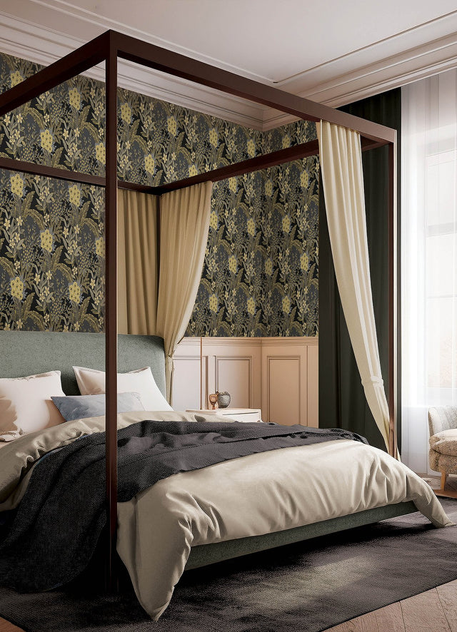 RuJardin Black Peel & Stick Wallpaper with Gold Floral Botanical Motif - NuWallpaper RPS6146