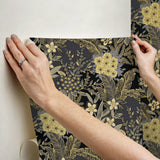 RuJardin Black Peel & Stick Wallpaper with Gold Floral Botanical Motif - NuWallpaper RPS6146