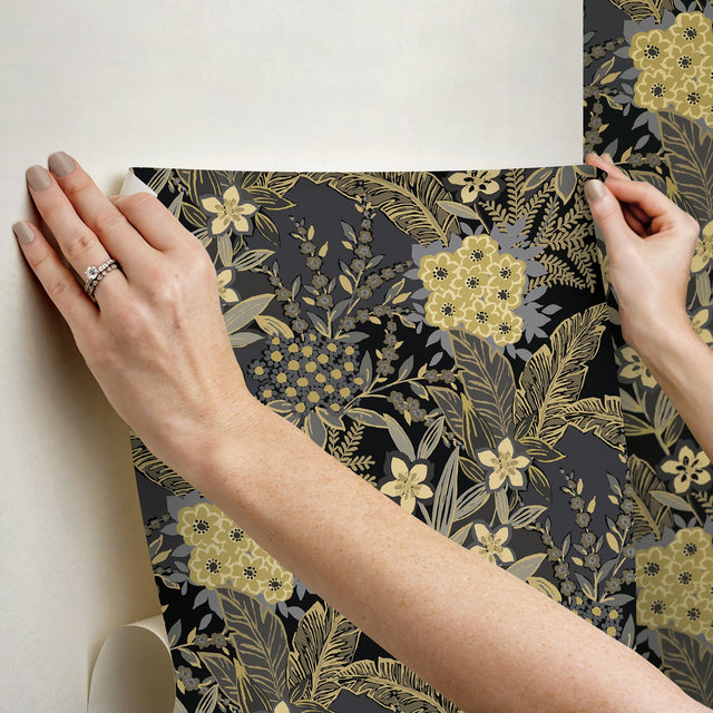 RuJardin Black Peel & Stick Wallpaper with Gold Floral Botanical Motif - NuWallpaper RPS6146