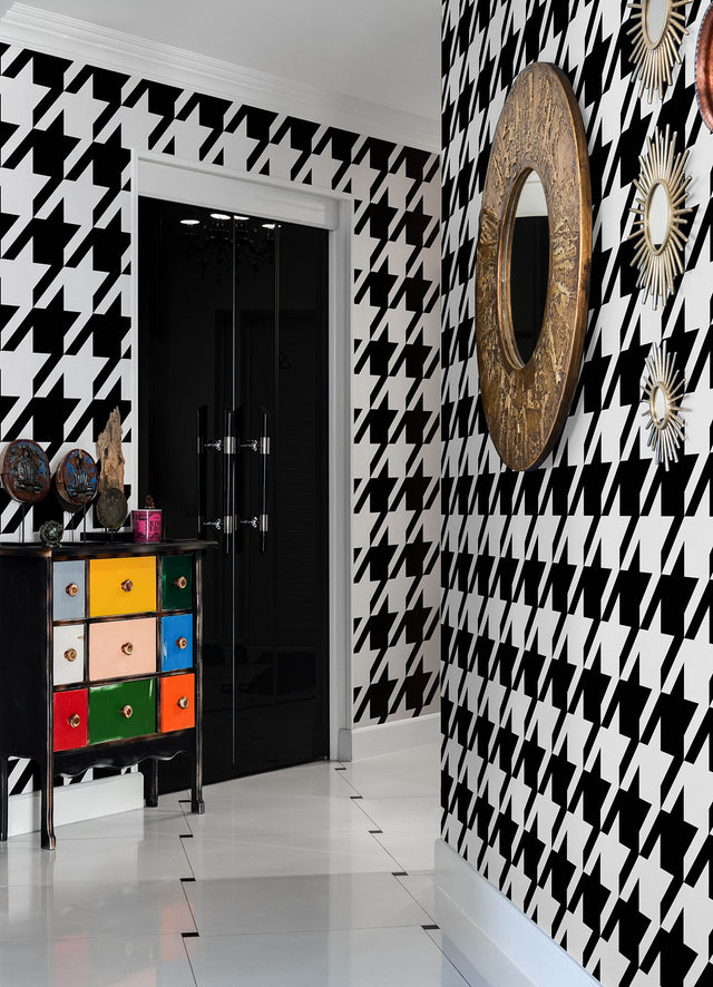 RuHoundstooth Black Peel & Stick Wallpaper with Modern Geometric Houndstooth Pattern - NuWallpaper RPS6147
