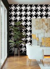 RuHoundstooth Black Peel & Stick Wallpaper with Modern Geometric Houndstooth Pattern - NuWallpaper RPS6147