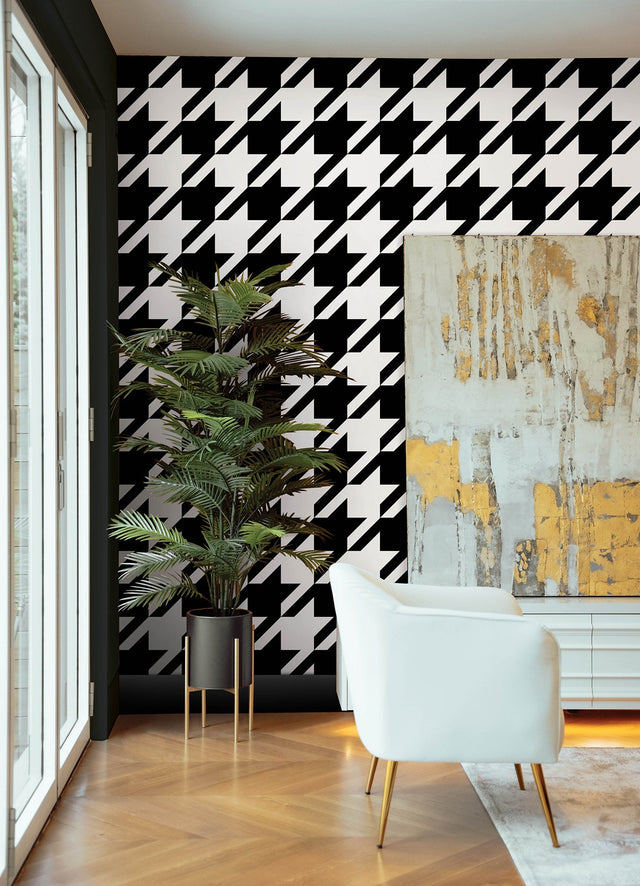 RuHoundstooth Black Peel & Stick Wallpaper with Modern Geometric Houndstooth Pattern - NuWallpaper RPS6147