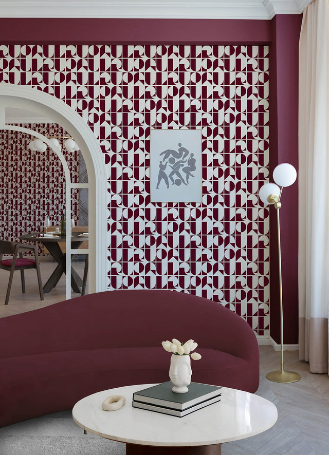 RuDeco Oxblood Red Peel & Stick Wallpaper with Art Deco Geometric Lettering - RPS6304
