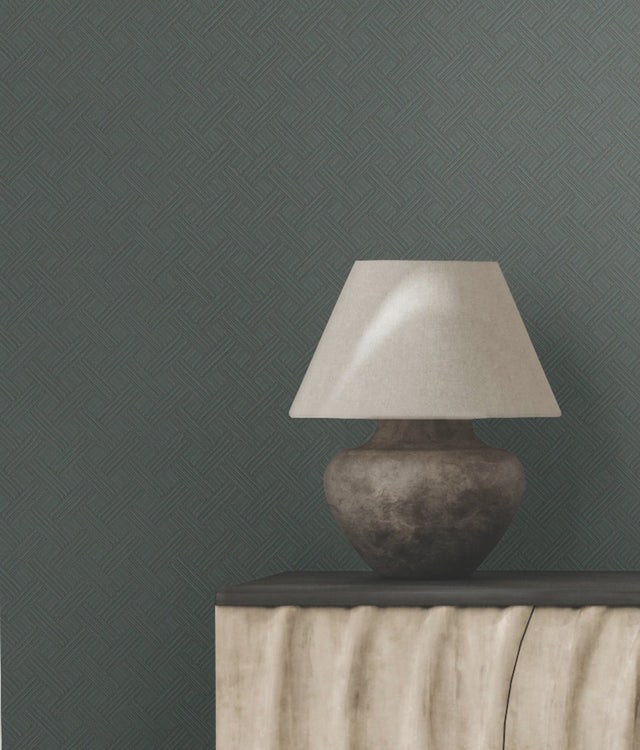 Wickwork Rotary Black Fabric-Backed Vinyl Wallpaper with Textured Geometric Weave - York RRD7650