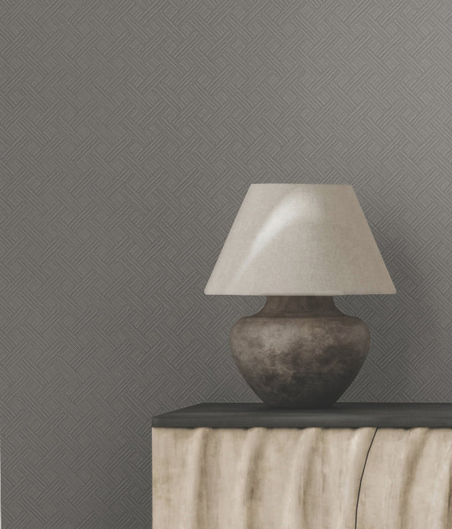 Wickwork Graphite Wallpaper with Basket-Weave Geometric Texture - York RRD7652