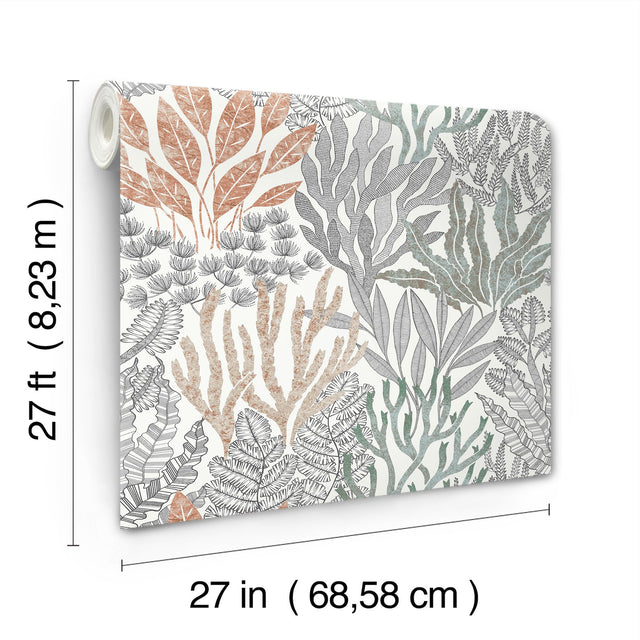 Coral Leaves Coral Black Wallpaper with Modern Toile Sea Botanical Pattern - York RT7801