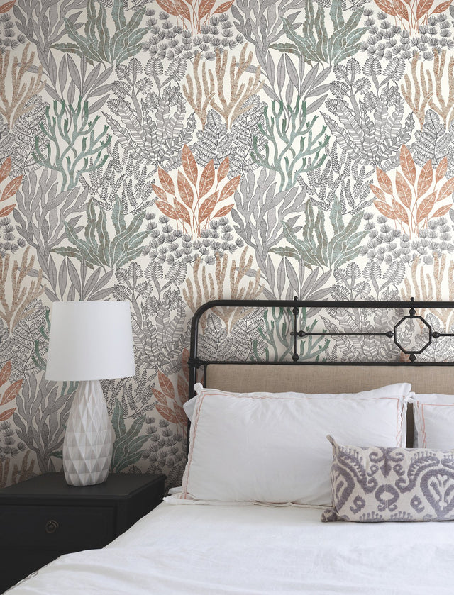Coral Leaves Coral Black Wallpaper with Modern Toile Sea Botanical Pattern - York RT7801